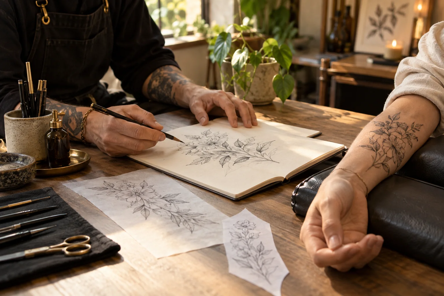 Tattoo artist reviewing a botanical sketch beside a client's forearm