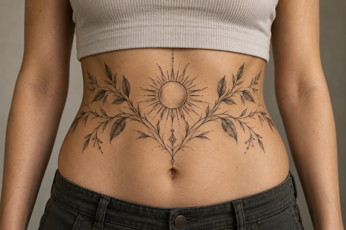 Reference photo of a geometric sun and botanical design across the front torso.
