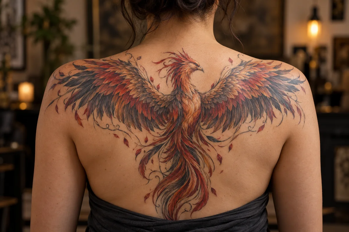Reference photo of a large illustrative phoenix composition across the upper back.