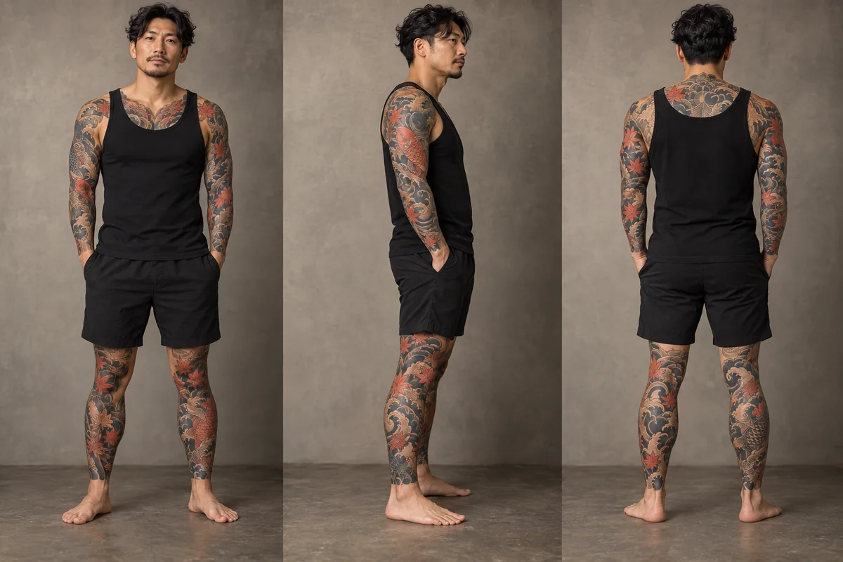 Reference photo showing coordinated Japanese-inspired tattoos across arms, legs and torso.