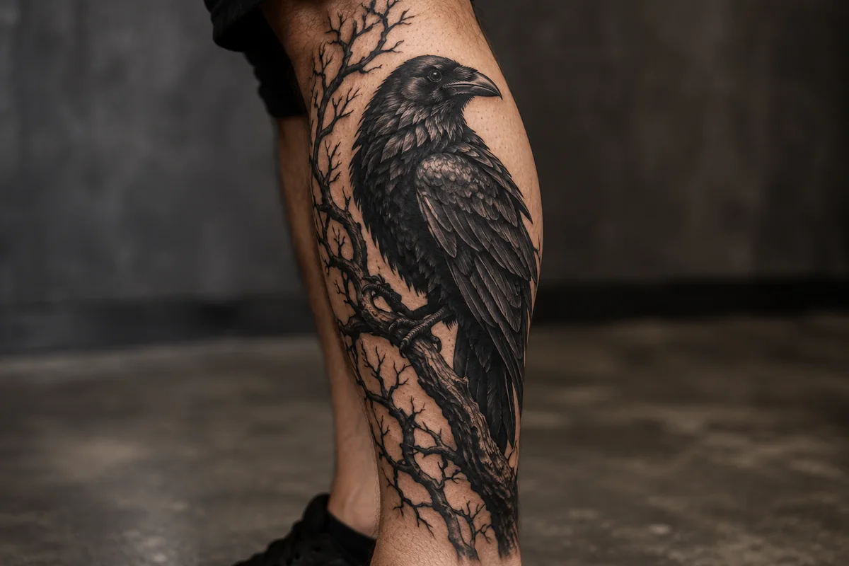 Reference photo of a blackwork raven and branches wrapping around the calf.