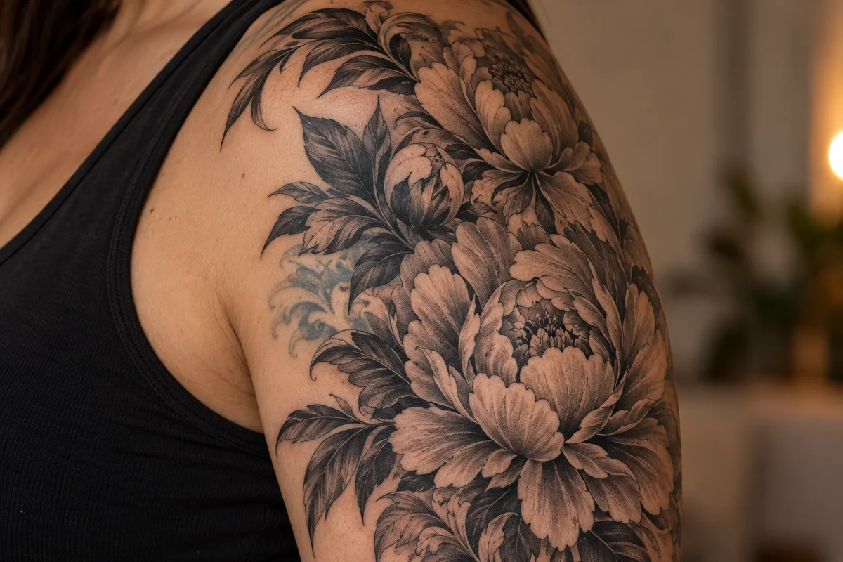 Reference photo of a black-and-grey floral tattoo rework over faded ink.