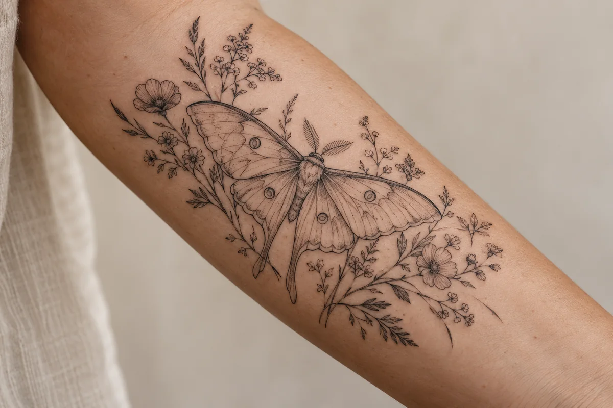 Reference photo of a fine-line moth and wildflowers tattoo on the inner forearm.