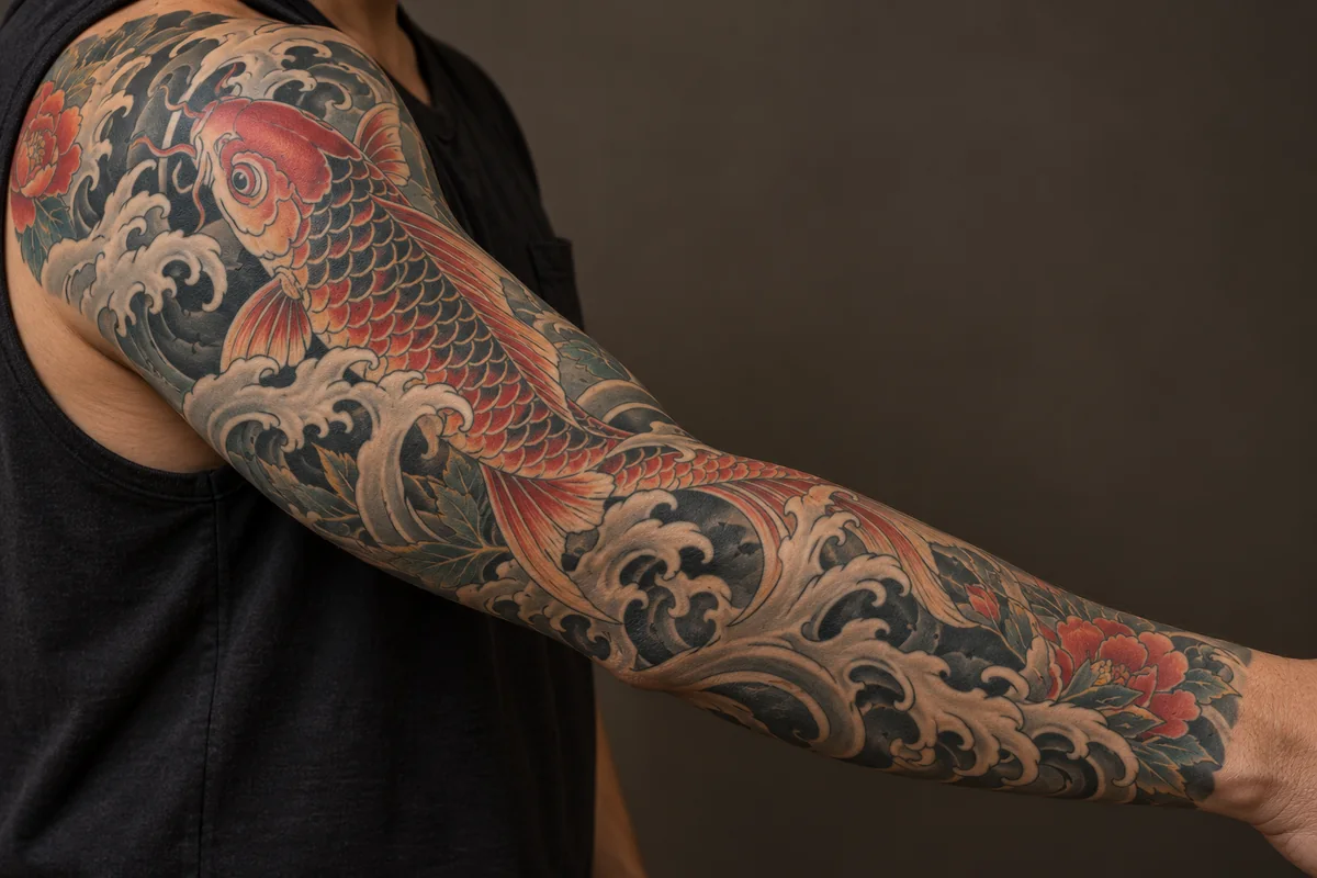 Reference photo of a Japanese-inspired koi and waves composition wrapping a full arm.