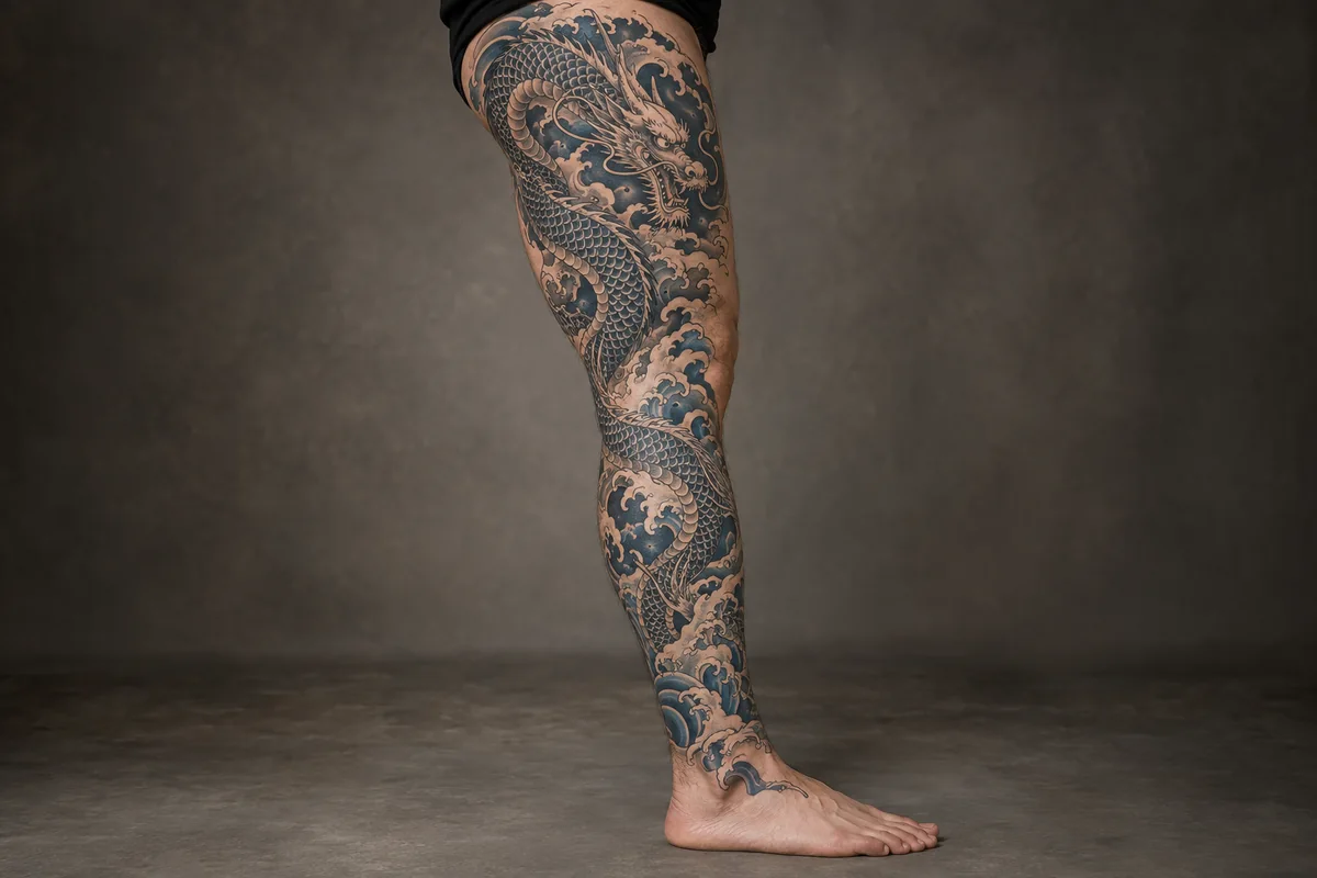 Reference photo of a Japanese dragon and flowing water tattoo running down a full leg.