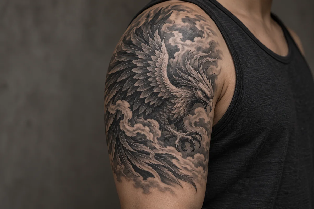 Reference photo of a black-and-grey bird and clouds half sleeve ending mid upper arm.