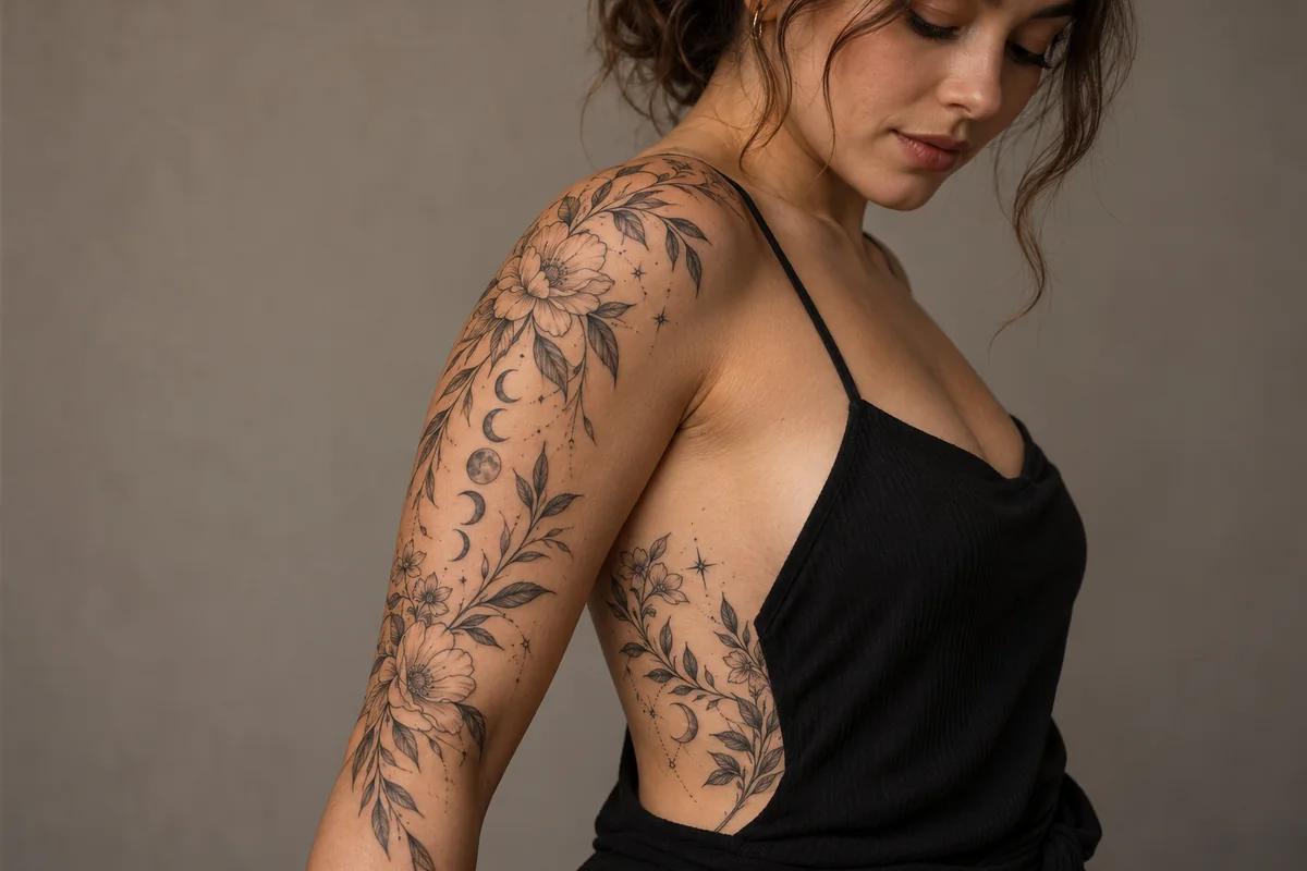 Reference photo of connected botanical and celestial tattoos across shoulder, arm and side torso.
