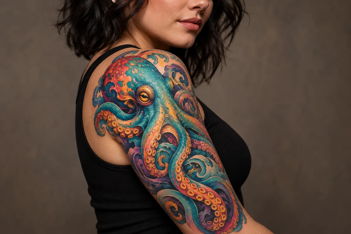 Reference photo of a colorful new-school octopus tattoo flowing across shoulder and upper arm.