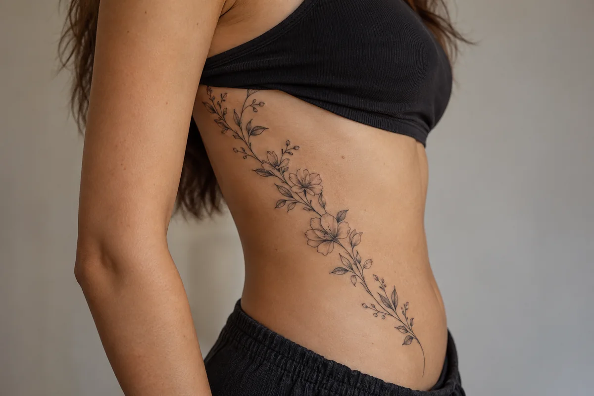Reference photo of a floral vine tattoo following the side of the torso.