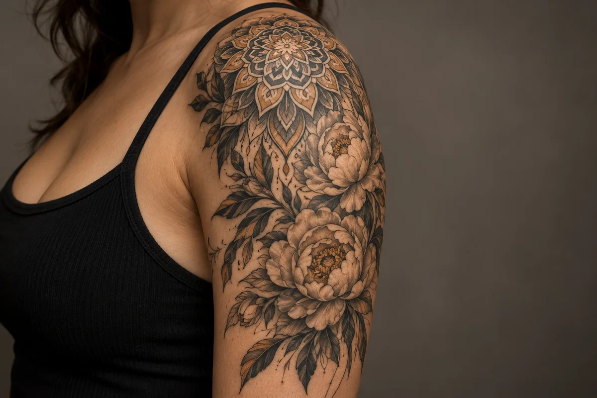 Reference photo of a mandala and peonies wrapping the shoulder cap and upper arm.