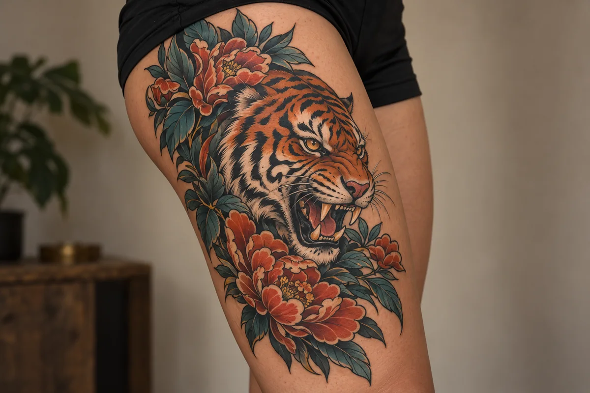 Reference photo of a neo-traditional tiger and flowers on the outer thigh.