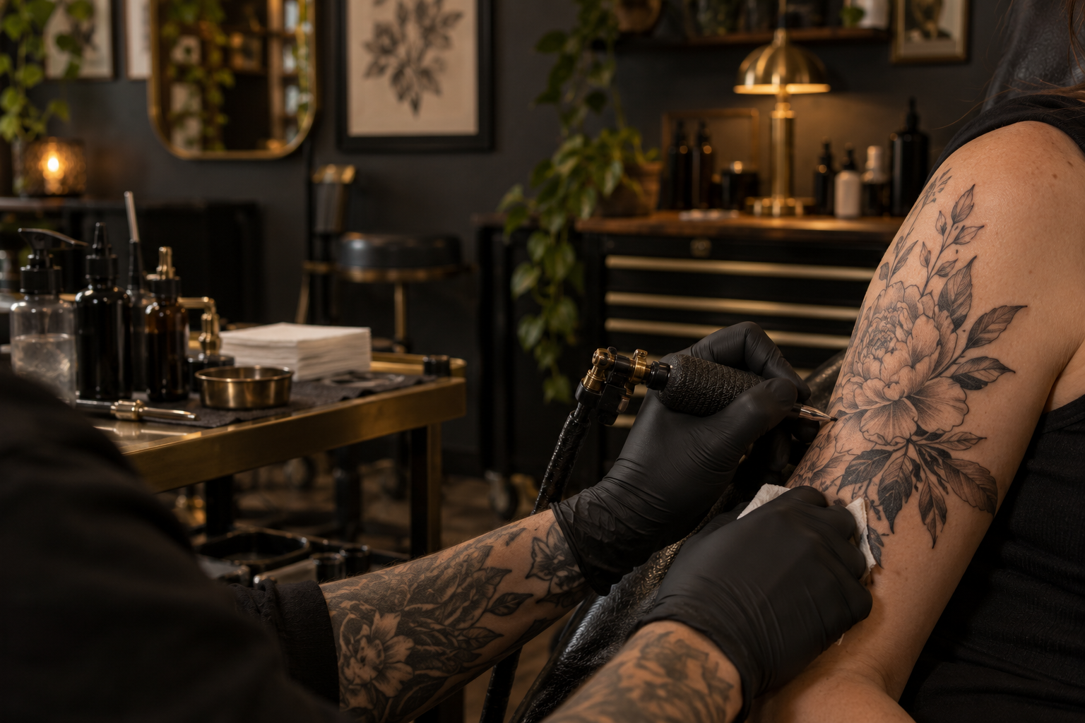 Tattoo artist creating a fine black-and-grey botanical tattoo in a softly lit studio
