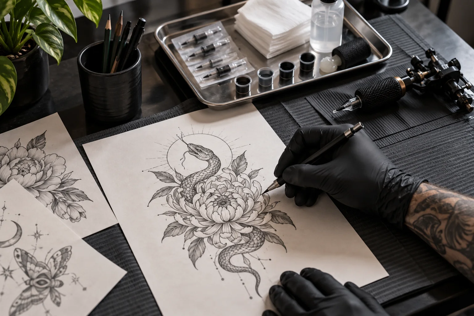 Tattoo artist sketching a custom design beside drawing tools in a studio