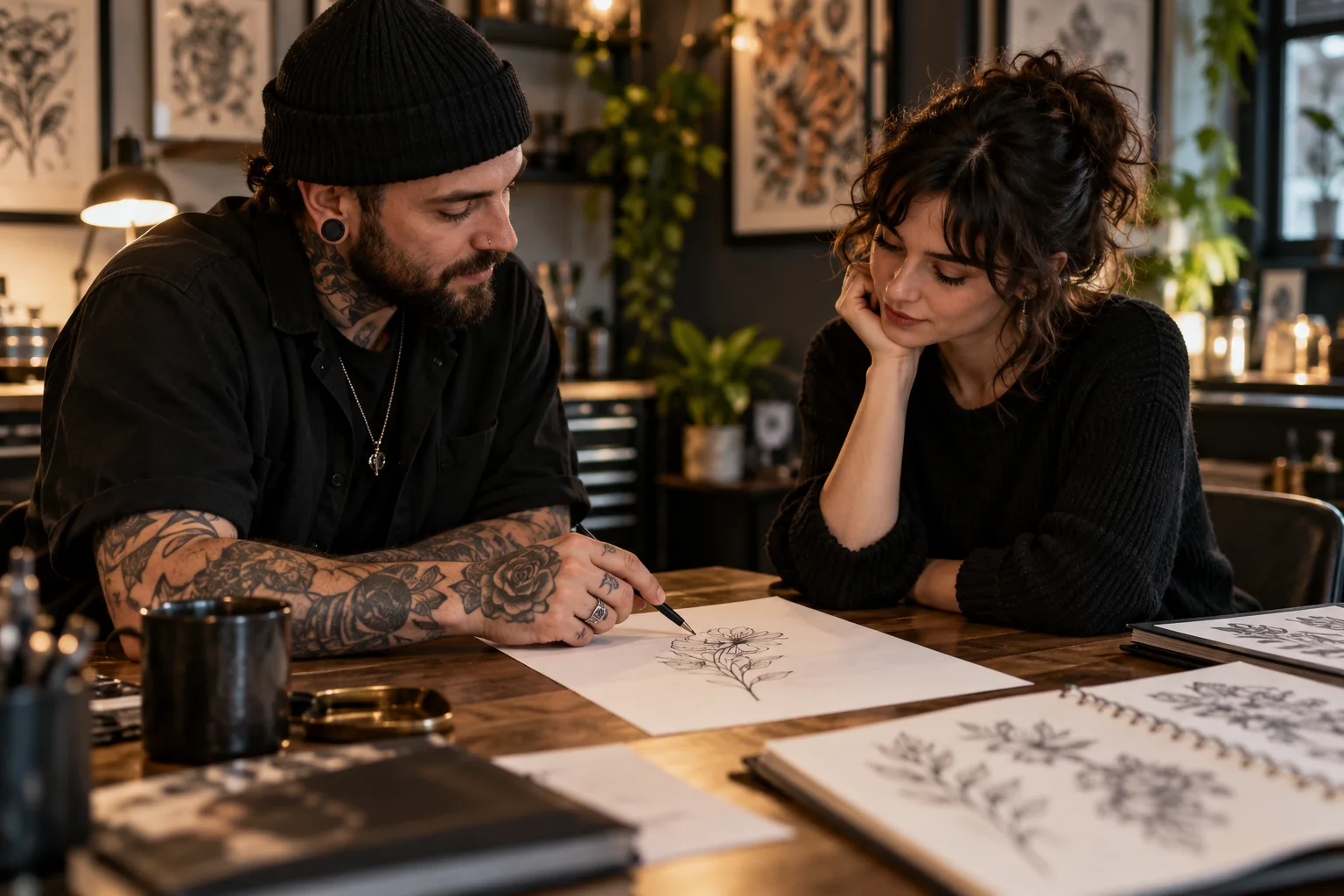 Tattoo artist and client reviewing a floral design during a consultation