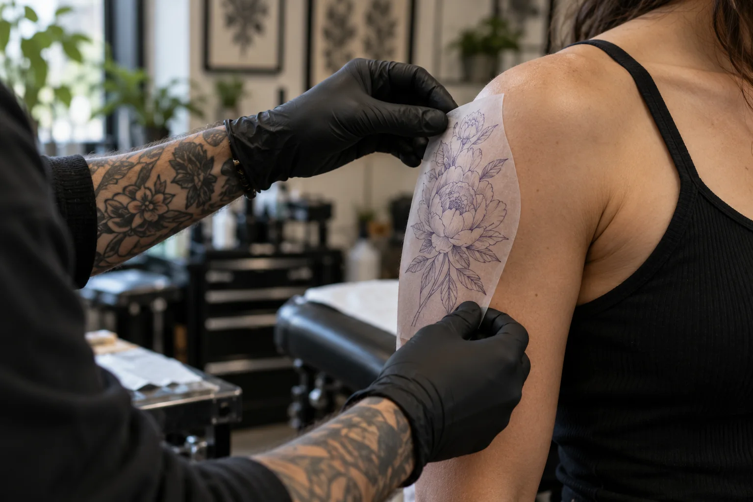Artist checking the size and position of a floral tattoo stencil on a client's shoulder