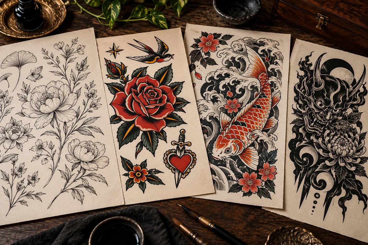 Tattoo flash sheets showing fine-line flowers, a traditional rose, Japanese koi and blackwork