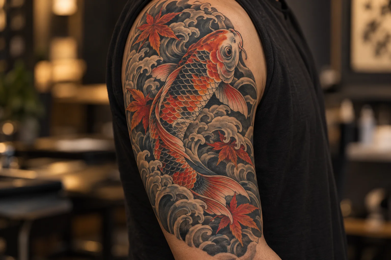 Koi fish, flowing water and maple leaves in a Japanese Irezumi tattoo style