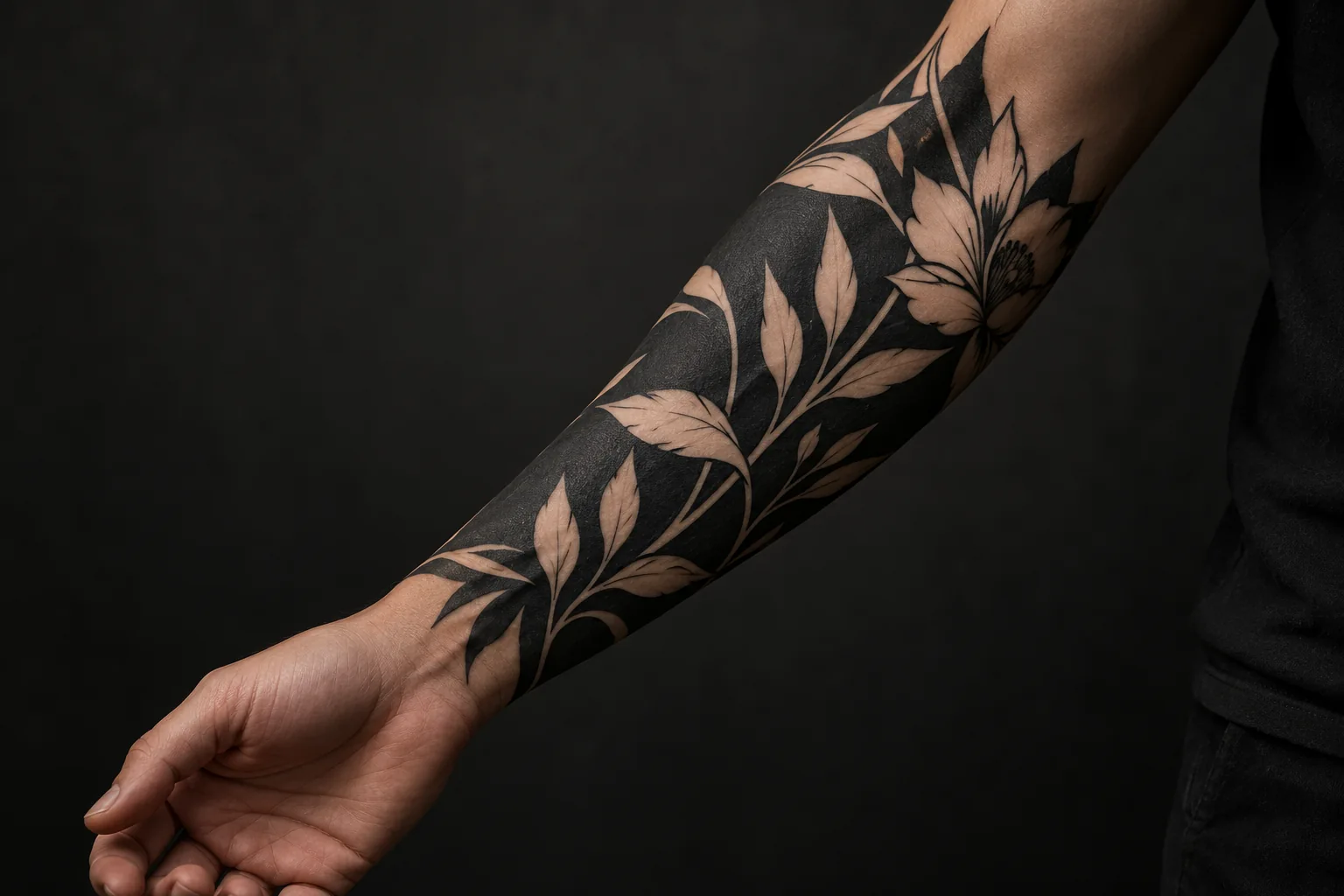 Blackout tattoo sleeve with clean negative-space shapes