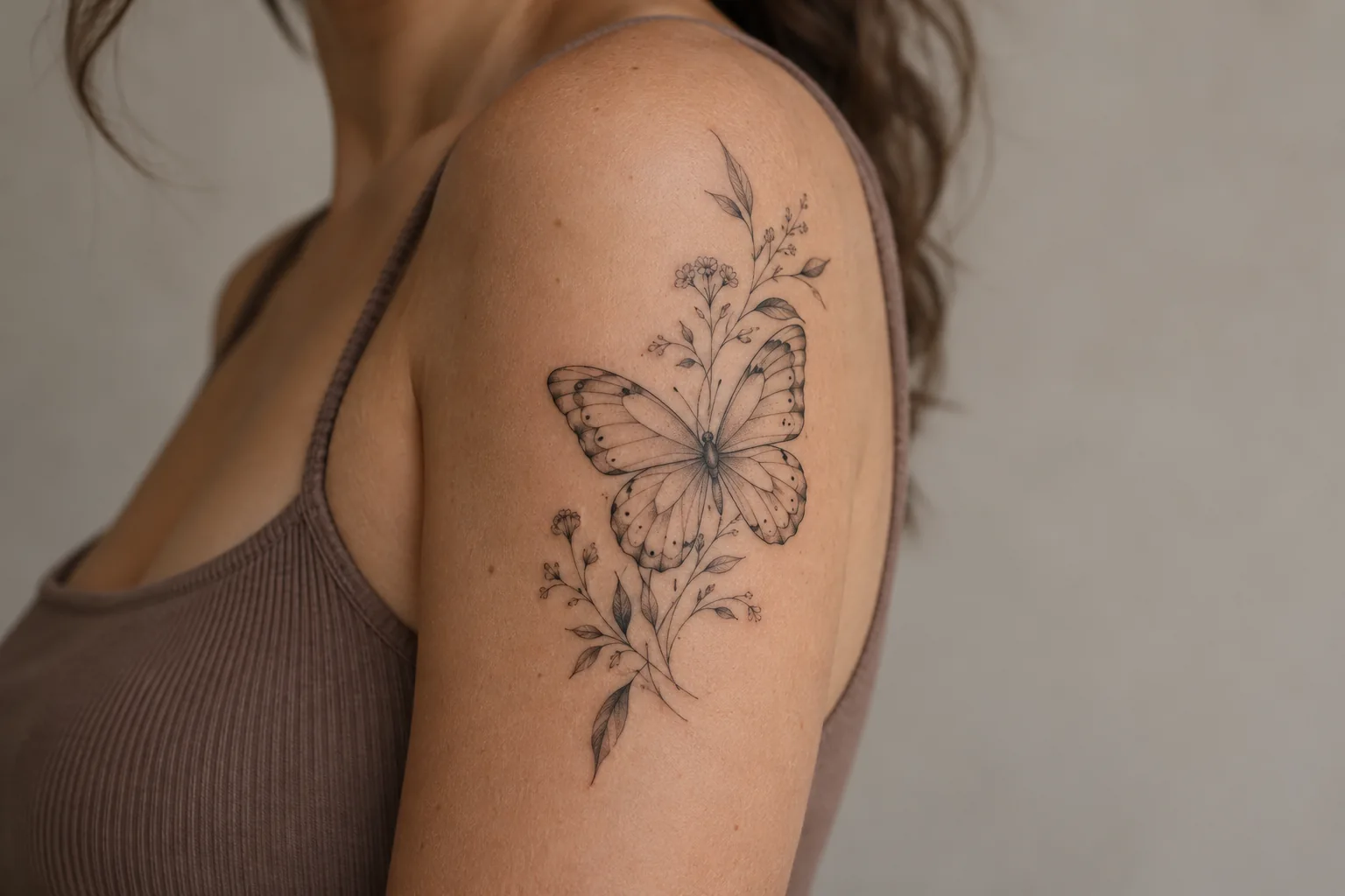 Fine-line butterfly tattoo on an adult upper arm