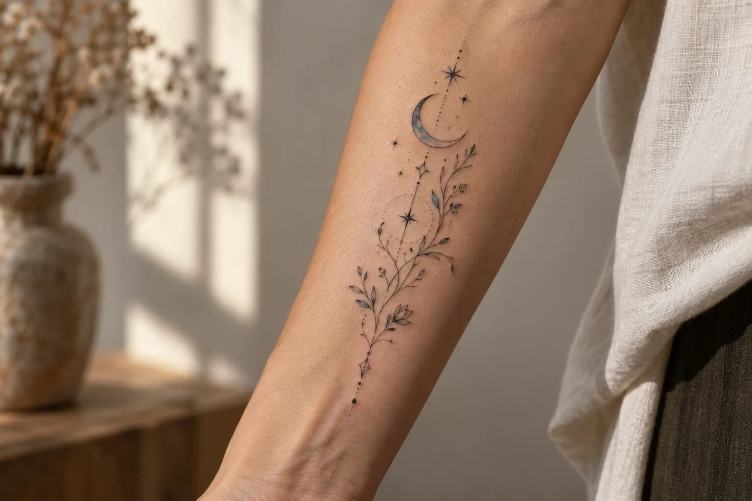 Moon and fine-line stars tattooed on an adult forearm