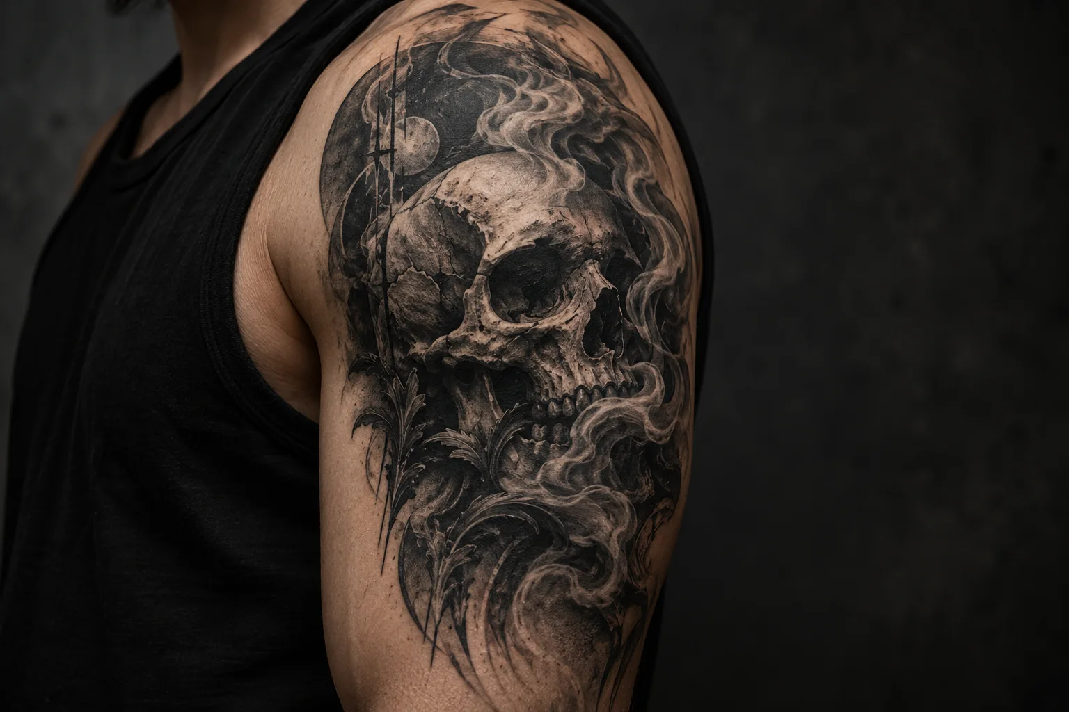 Black-and-grey horror skull tattoo on an adult upper arm