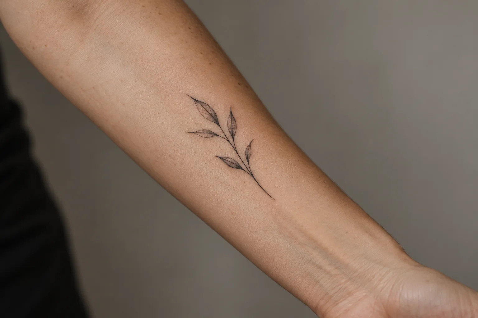 Small black fine-line botanical tattoo on a forearm
