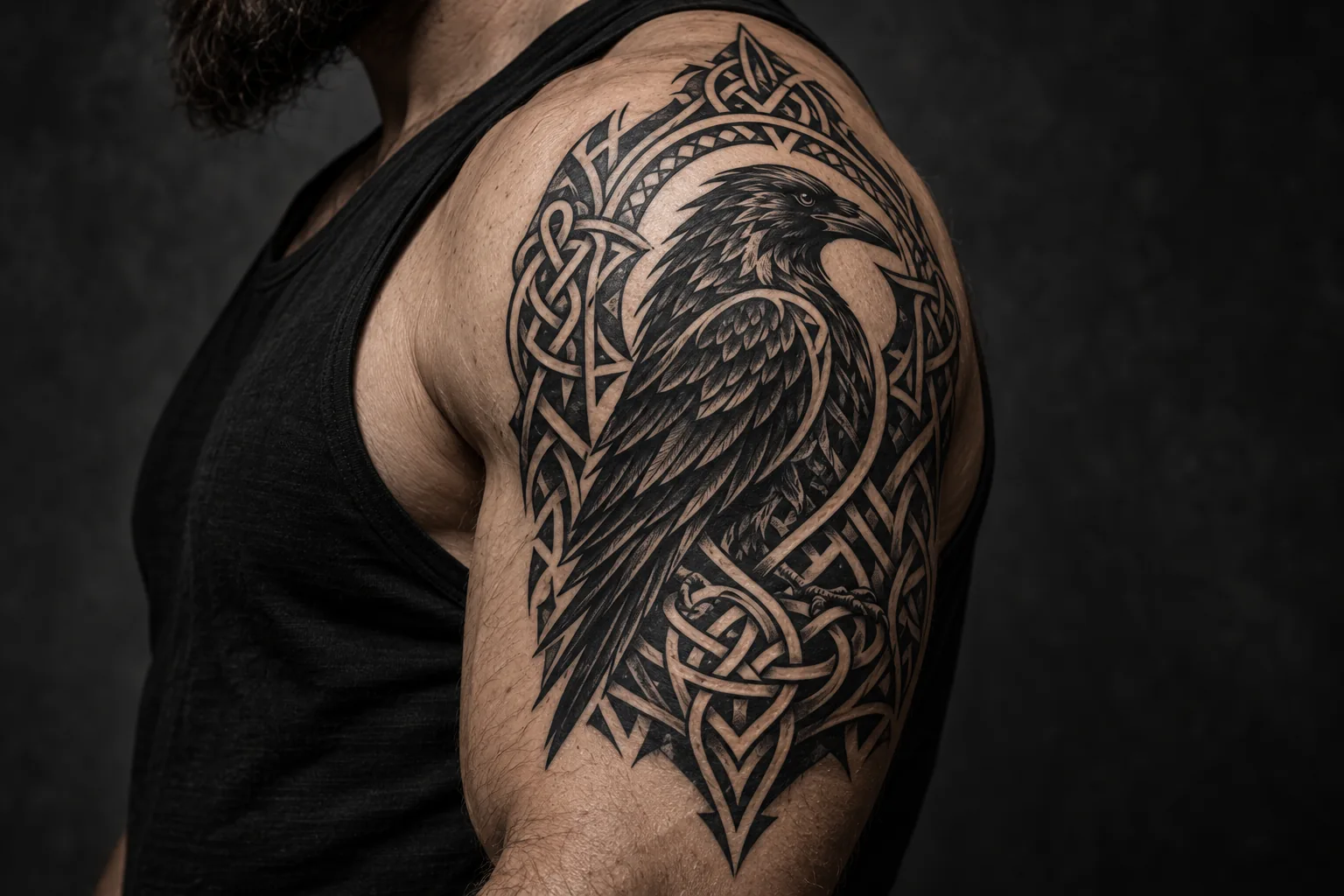 Bold Norse knotwork and raven tattoo on an adult upper arm