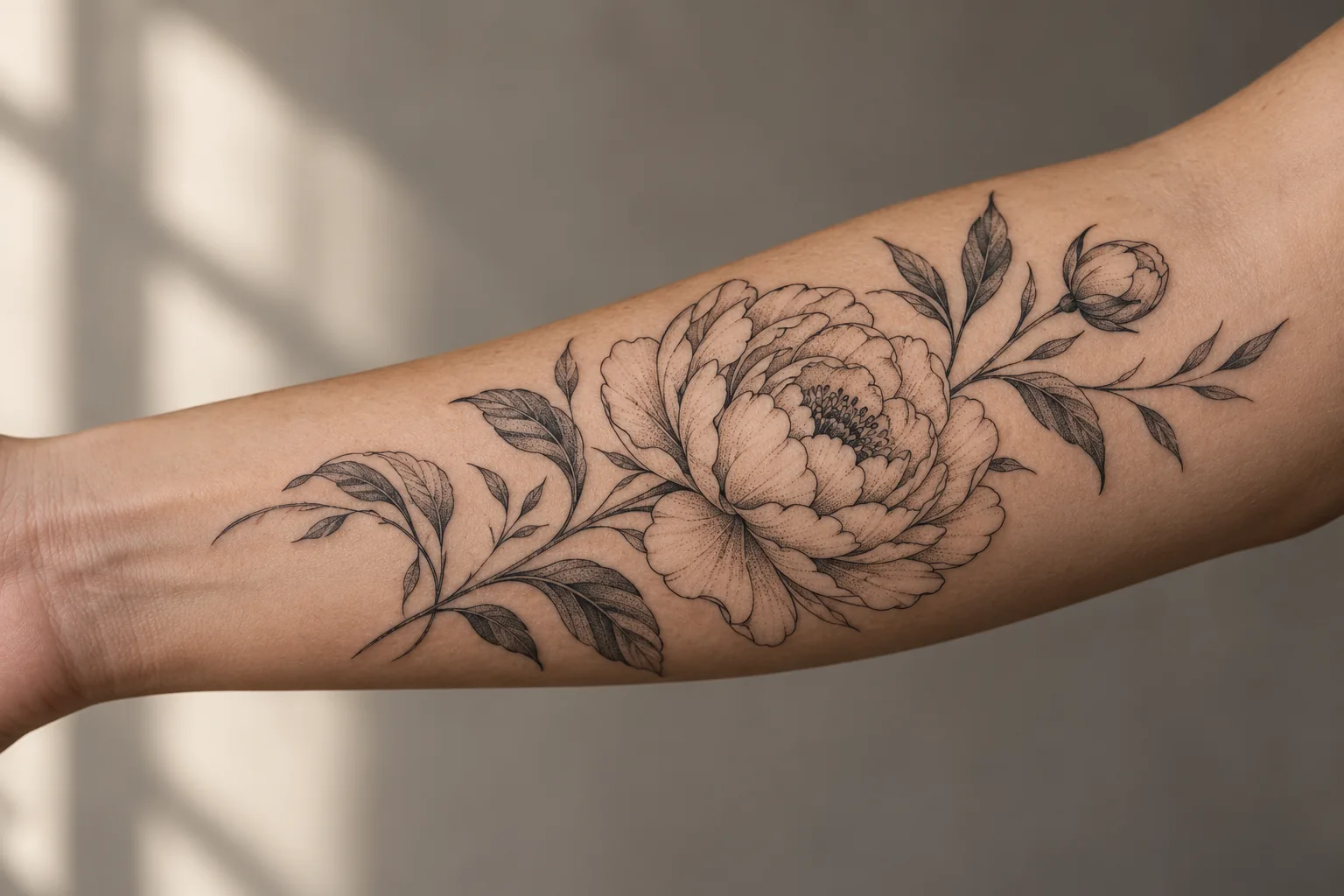 Fine-line peony and leaves tattoo on an adult forearm